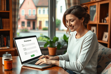 A person using a laptop to apply for an online personal loan from home.