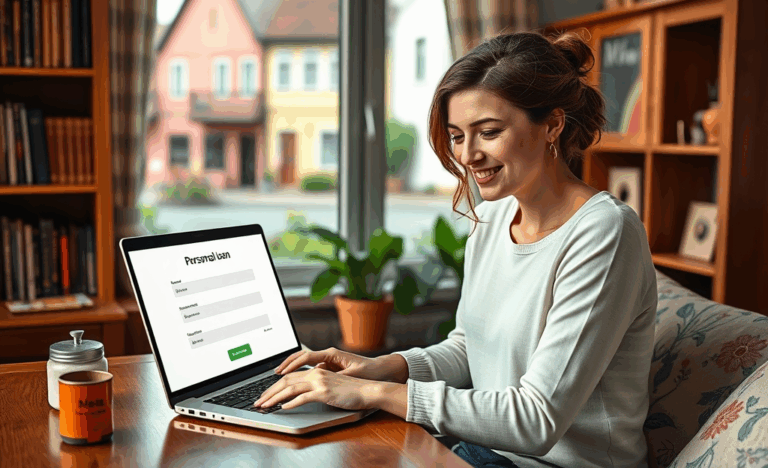 A person using a laptop to apply for an online personal loan from home.