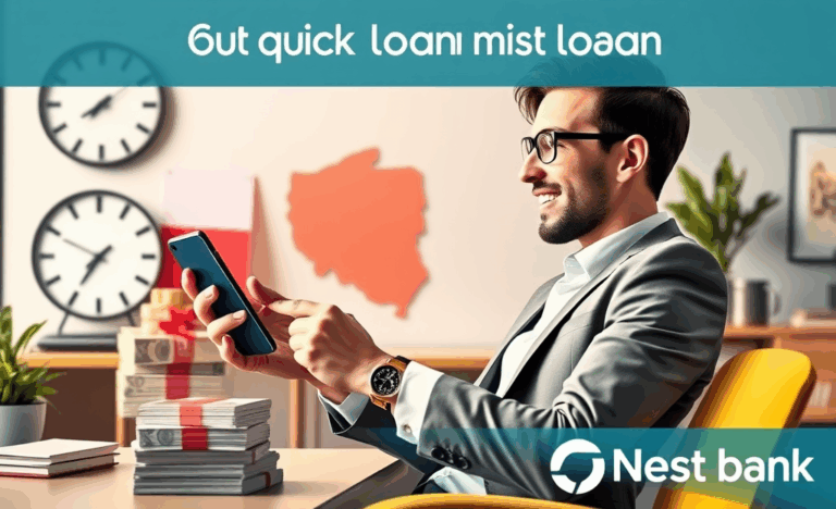 Osoba korzystająca z szybkiej pożyczki online w Nest Bank, patrząca na ekran komputera z wyrazem ulgi i zadowolenia.