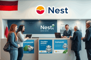 Ilustracja przedstawiająca logo Nest Bank i symbol szybkiej pożyczki.