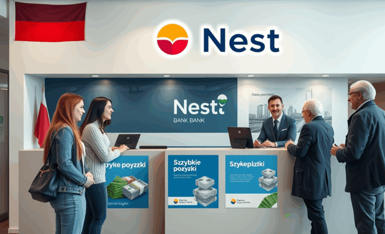 Ilustracja przedstawiająca logo Nest Bank i symbol szybkiej pożyczki.
