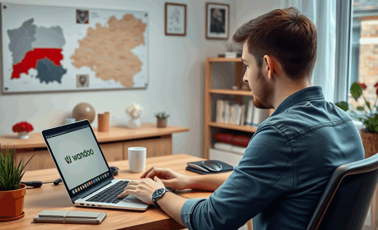 Laptop na biurku wyświetlający stronę Wandoo do uzyskania szybkiej pożyczki online